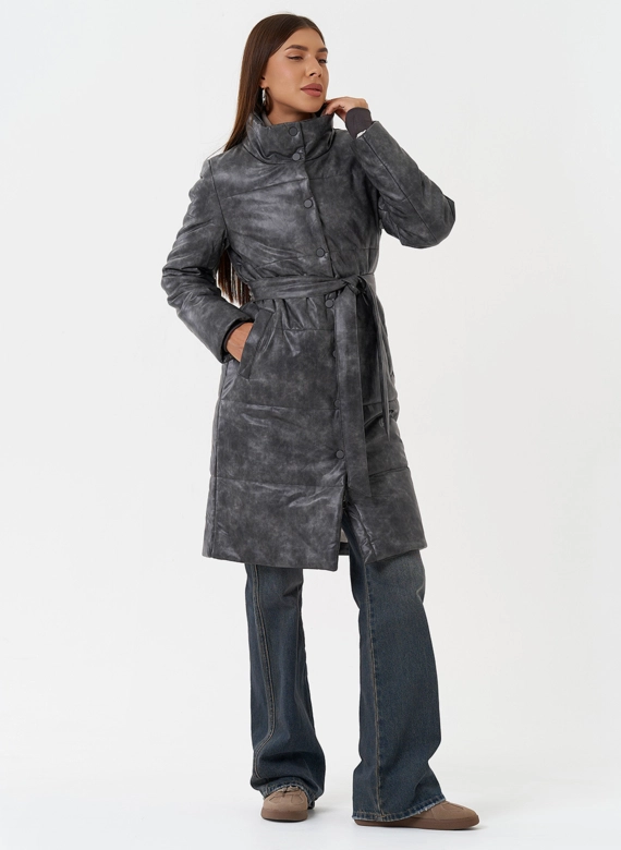Пуховик из эко кожи с поясом фото