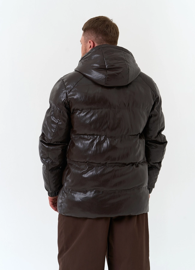 фото Мужской пуховик из эко кожи с капюшоном модель № 34086 фото