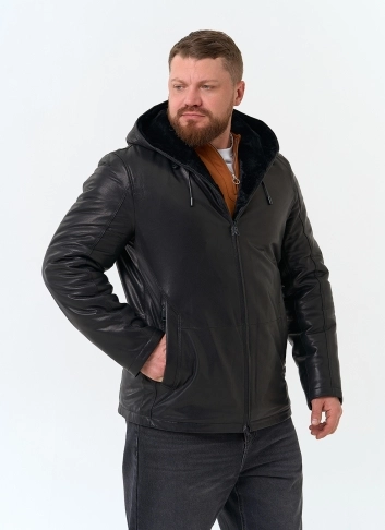 Мужская натуральная дубленка с капюшоном фото