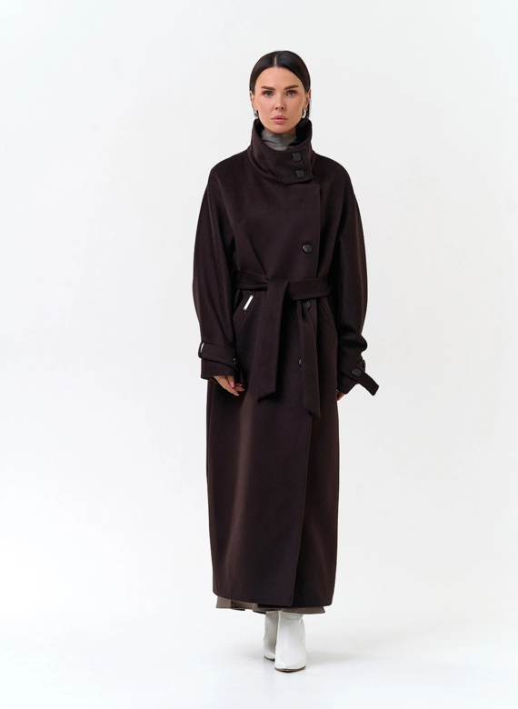 Женское длинное пальто с воротником стойкой