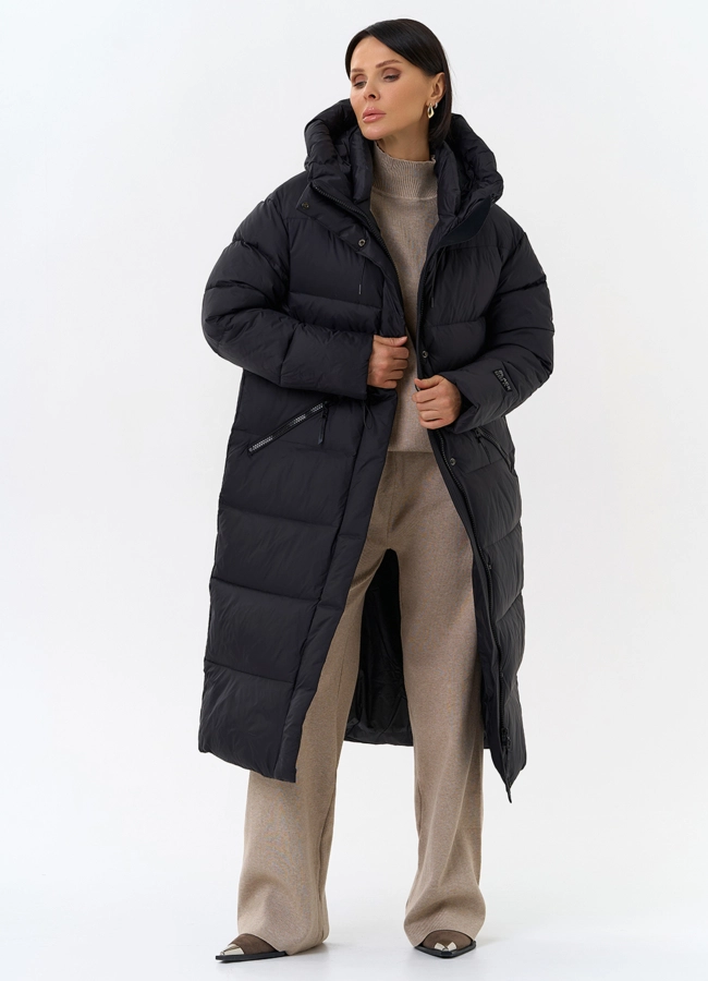 Женский пуховик черного цвета с капюшоном модель № 31935 универмаг малина