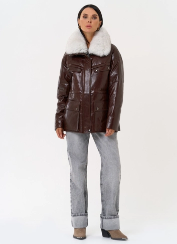 Коричневый кожаный пуховик